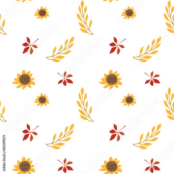 Fototapeta Fall thanksgiving pattern with autumn leaves and plants, animals. Cute fabric design. Thanksgiving day seamless background in traditional colors for clothes, textile, wrapping papers. Cute elements.