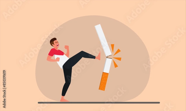 Obraz Businessman kicks a cigarette hard while motivating quitting smoking, controlling bad habits and the concept of relying on health