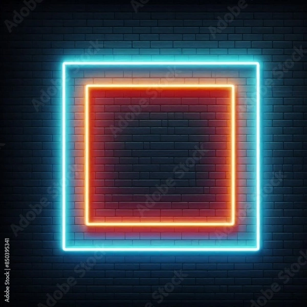 Fototapeta neon square frame on dark brick wall background
