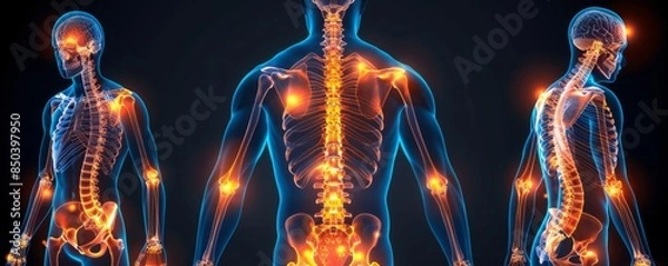 Fototapeta 腰痛や膝痛など、青とオレンジで痛みのポイントを強調した人体のイラスト