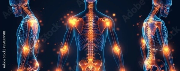 Obraz 腰痛や膝痛など、青とオレンジで痛みのポイントを強調した人体のイラスト
