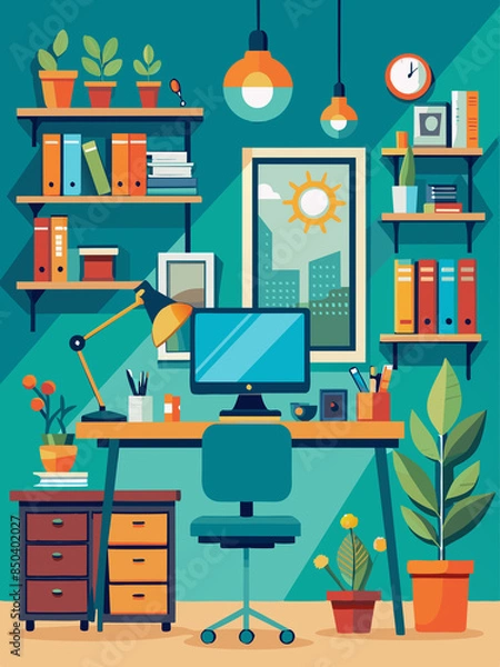 Fototapeta A workspace with a focus on productivity and comfort