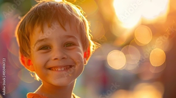 Fototapeta A smiling child bathed in the golden light of sunset, with a dreamy bokeh background adding warmth and charm.