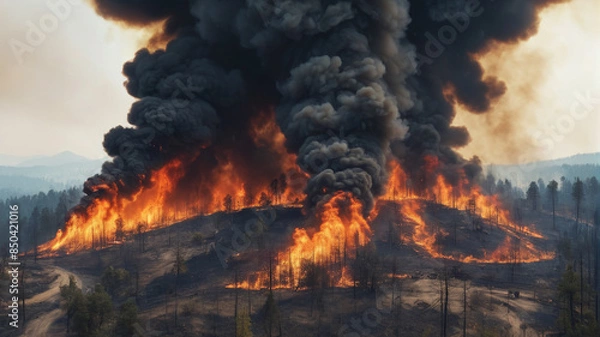 Fototapeta Devastating wildfires sweeping across the planet, fueled by climate change and human negligence, Generative AI