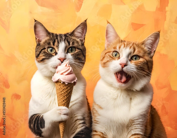 Fototapeta Two cats against a warm orange-yellow backdrop. Cat on the left holds a pink ice cream cone. Cat on the right is mewing as if asking for treats.