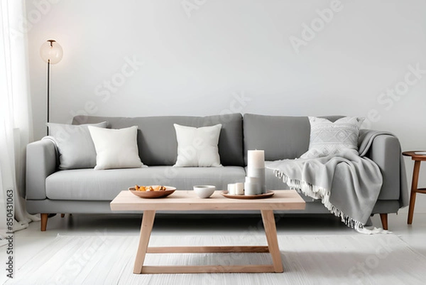 Fototapeta Comfortable grey sofa with cushions, blanket and table on white background. Furniture for living room interior