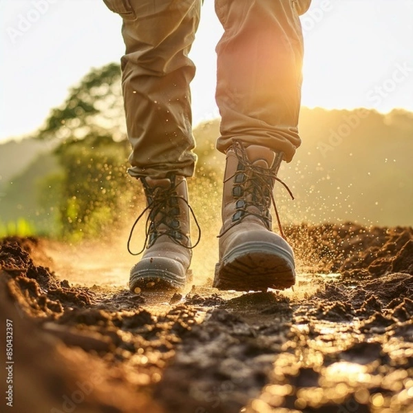 Obraz A closeup of the boots on an explorer's feet, walking through mud and dirt as they are illuminated by golden sunlight. The focus is sharp on their shoes with dust particles floating in the air around 