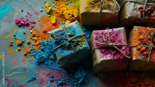 Obraz Colorful gift boxes with vibrant powder on top, perfect for celebrations and special occasions.