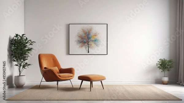 Fototapeta A serene living room setup with a minimalist armchair against a white wall background, accentuating clean lines and understated elegance, Generative AI