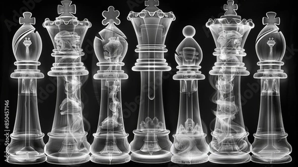 Obraz X-ray scan of a chess set, displaying the pieces and their internal structure.