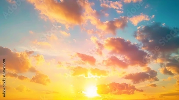 Fototapeta Real majestic sunrise sundown sky background with gentle colorful clouds without birds Panoramic big size : Generative AI
