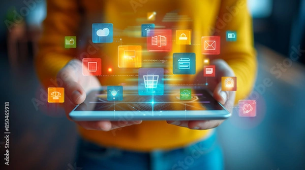 Fototapeta Person Holding Tablet With Colorful App Icons