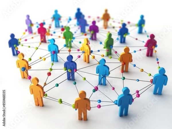 Obraz Group of people linked by cables and devices, illustrating connectivity and communication