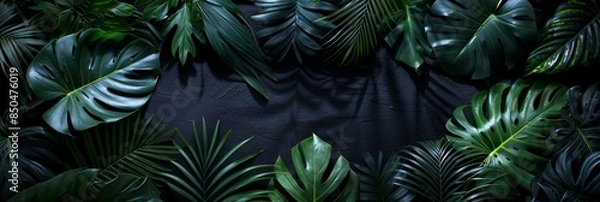 Fototapeta Abstract black leaf textures  dark tropical background with flat lay design, nature concept
