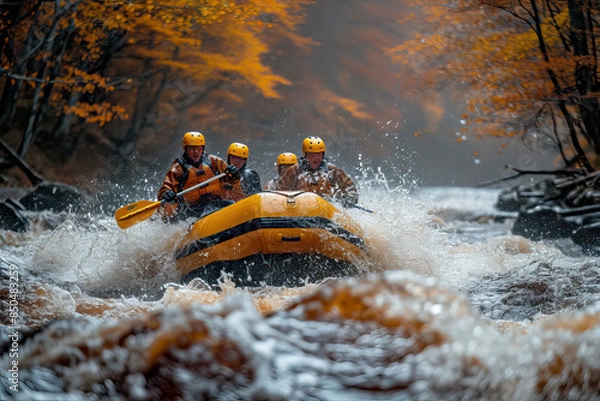 Obraz Young person rafting on the river Ganges in Rishikesh, extreme and fun sport at tourist attraction