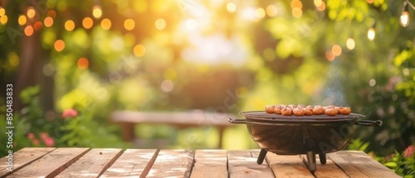 Obraz summer time in backyard garden with grill BBQ, wooden table, blurred background