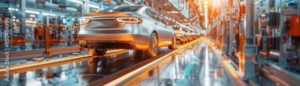Fototapeta Hightech automobile production line, with automated systems and polished vehicles, illustrating cuttingedge manufacturing technology