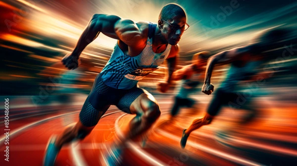 Fototapeta Professional black marathon athlete with taut muscles running fast in a stadium surrounded by other athletes on a blurred background. The will to win. Motivation and success. Overcoming yourself.