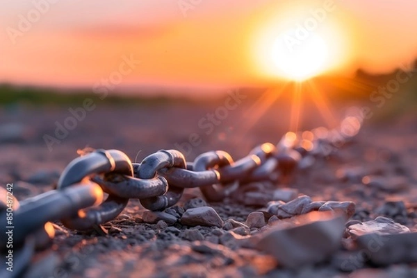 Fototapeta Rusty metal chain lying on ground at sunset, breaking free from constraints and finding hope for new beginnings