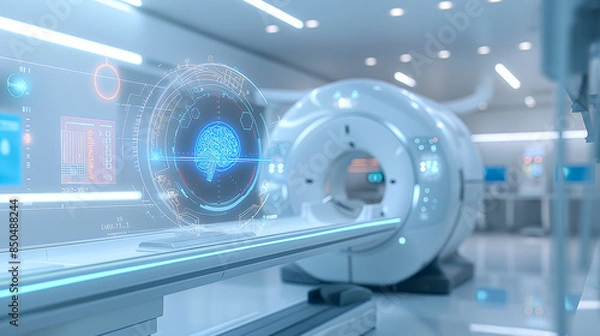 Fototapeta MRI or CT machine for medical diagnosis in scanning abnormalities of the body with modern technology. Displaying a virtual hologram brain for medical data analysis at a lab.