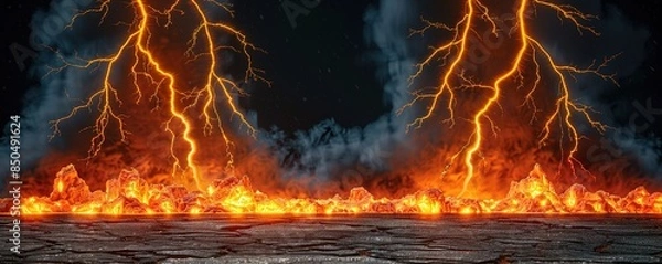 Obraz An illustration of two lightning bolts striking the ground, causing a fire on a foggy black background