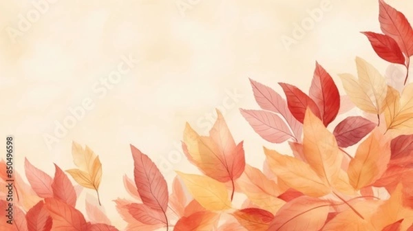 Fototapeta Autumn or fall leaves in floral watercolor background for thanksgiving or fall designs, orange red and peach colors