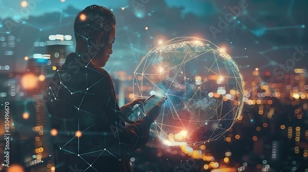 Obraz Digital technology internet global network technology concept Business man using digital tablet computer with global internet network connection smart city background data exchange eco : Generative AI
