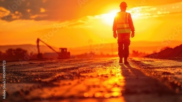 Fototapeta A highway construction worker is putting in tremendous effort while working under the scorching sun
