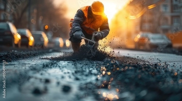 Fototapeta A highway construction worker is putting in tremendous effort while working under the scorching sun
