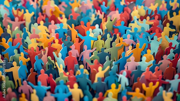 Fototapeta Large crowd of diverse people. paper cut out style