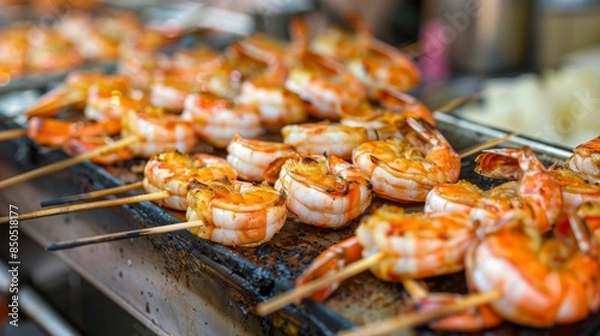 Fototapeta A seafood market stall with grilled shrimp served on skewers, ready for customers to enjoy