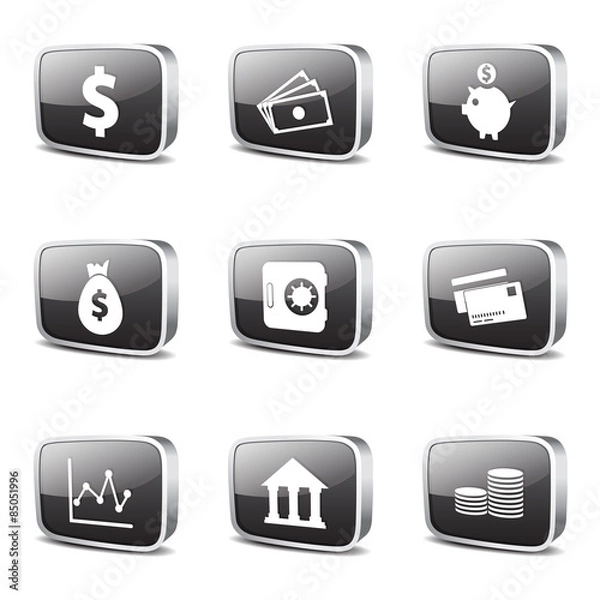 Fototapeta Financial Banking Square Vector Black Button Icon Design Set