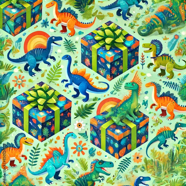 Fototapeta カラフルな恐竜とプレゼントのデザイン