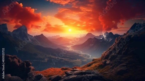 Fototapeta Dramatic Sunrise over the Mountains. Colourful Nature Background..