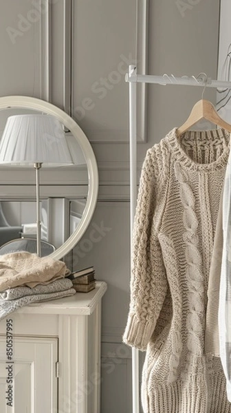 Fototapeta a women's clothing rack in neutral colors, juxtaposed with an oval mirror and a white chest adorned with lamps.