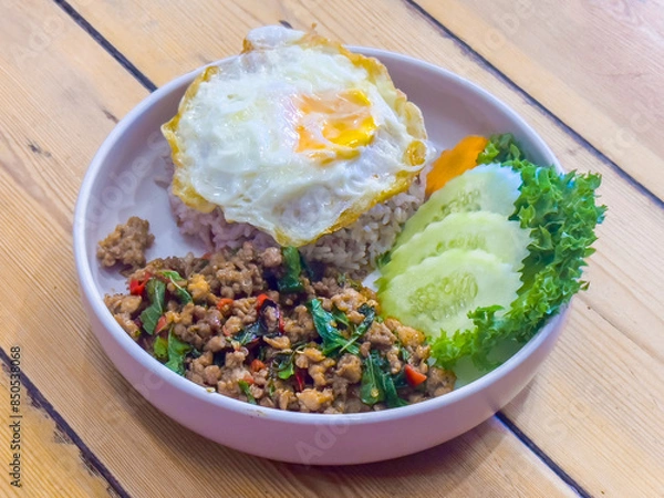 Fototapeta Authentic Thai Basil Chicken Recipe is Stir fried Thai basil with minced pork or chicken served with a fried egg and cooked rices.