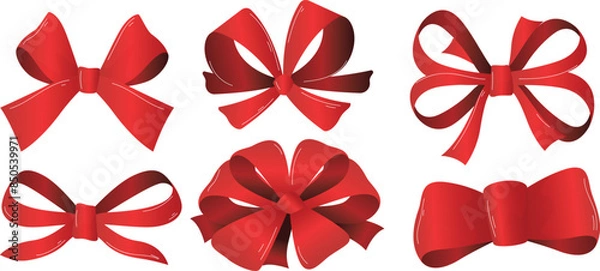 Fototapeta Red bows collection different shapes sizes shiny satin ribbon material isolated white background. Assorted decorative glossy ribbons gift wrapping, presentation, holiday decoration. Festive red bow
