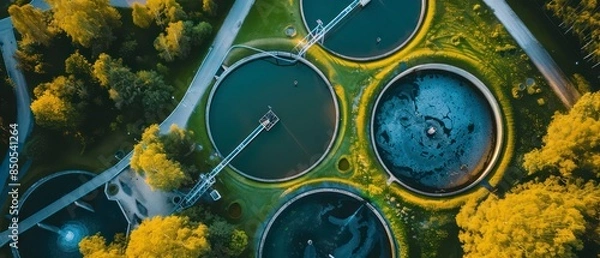 Obraz wastewater treatment facility with large settling tanks and filtration systems, processing water to remove contaminants and protect the environment