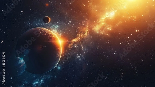 Fototapeta Two Planets and a Galaxy in a Starry Night Sky