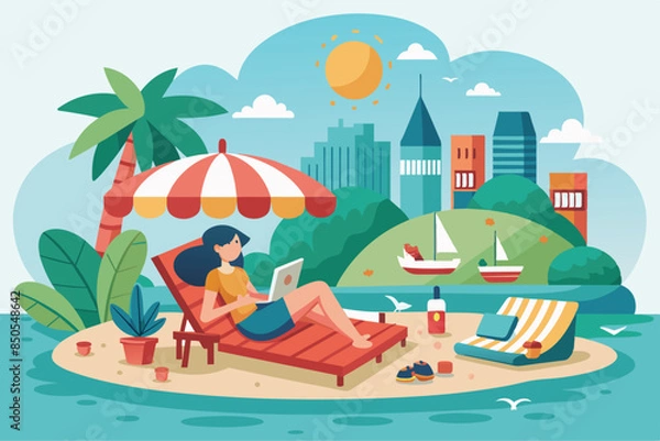 Fototapeta A woman relaxes on a beach chair on a tropical island while working on her laptop, A day off Customizable Semi Flat Illustration