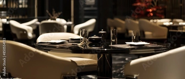 Fototapeta An empty restaurant with neatly arranged tables and chairs, awaiting guests to fill the space with lively conversations and delicious food