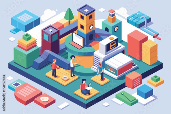 Obraz Colorful isometric illustration of people working in a futuristic city setting, Design inspiration Customizable Isometric Illustration