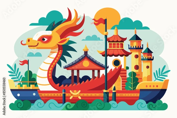 Fototapeta Dragon boat with friendly dragon head, Chinese architecture, and serene water scene, illustrated vibrantly, Dragon boat festival Customizable Disproportionate Illustration