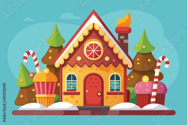 Fototapeta A gingerbread house with candy canes and snow-covered ground in a whimsical winter setting, Gingerbread house Customizable Disproportionate Illustration