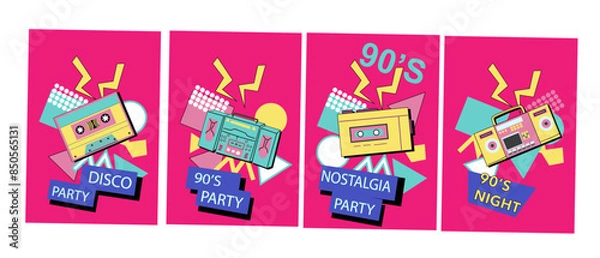 Fototapeta 90s music background. Retro disco posters set with y2k or 00s elements. Game or music equipment, laptop from 90s. Bright background for social network.