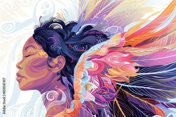 Fototapeta A person wearing a headpiece adorned with feathers