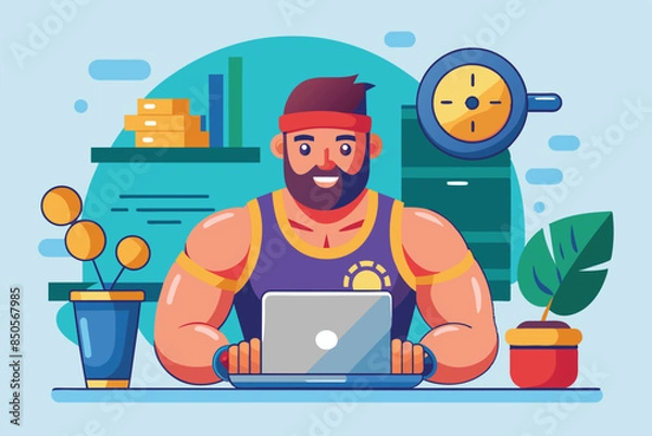 Fototapeta A cartoon illustration of a muscular man using a laptop for an online personal training session, Online personal trainer Customizable Cartoon Illustration