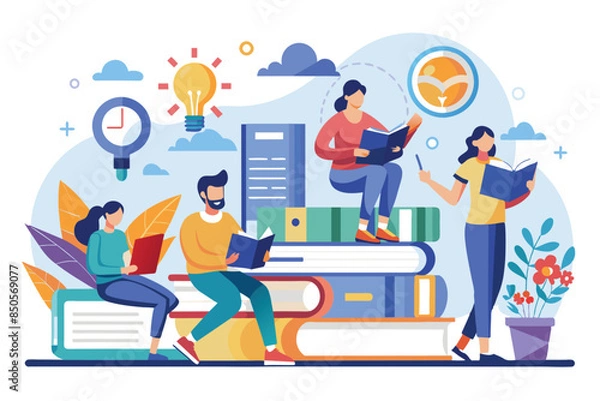 Fototapeta Four people read and study from books in a library setting, people read and search for knowledge in books and on the internet