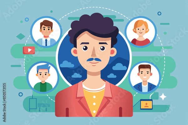 Fototapeta Cartoon of a smiling mustached man with 4 friends = social connections and network building, Social biography Customizable Cartoon Illustration