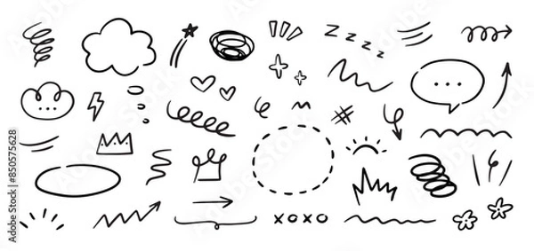 Fototapeta Hand drawn marker simple elements set. Grunge doodle underlines, icons, emphasis, speech bubbles, arrows and shapes. Vector illustration isolated on white background.